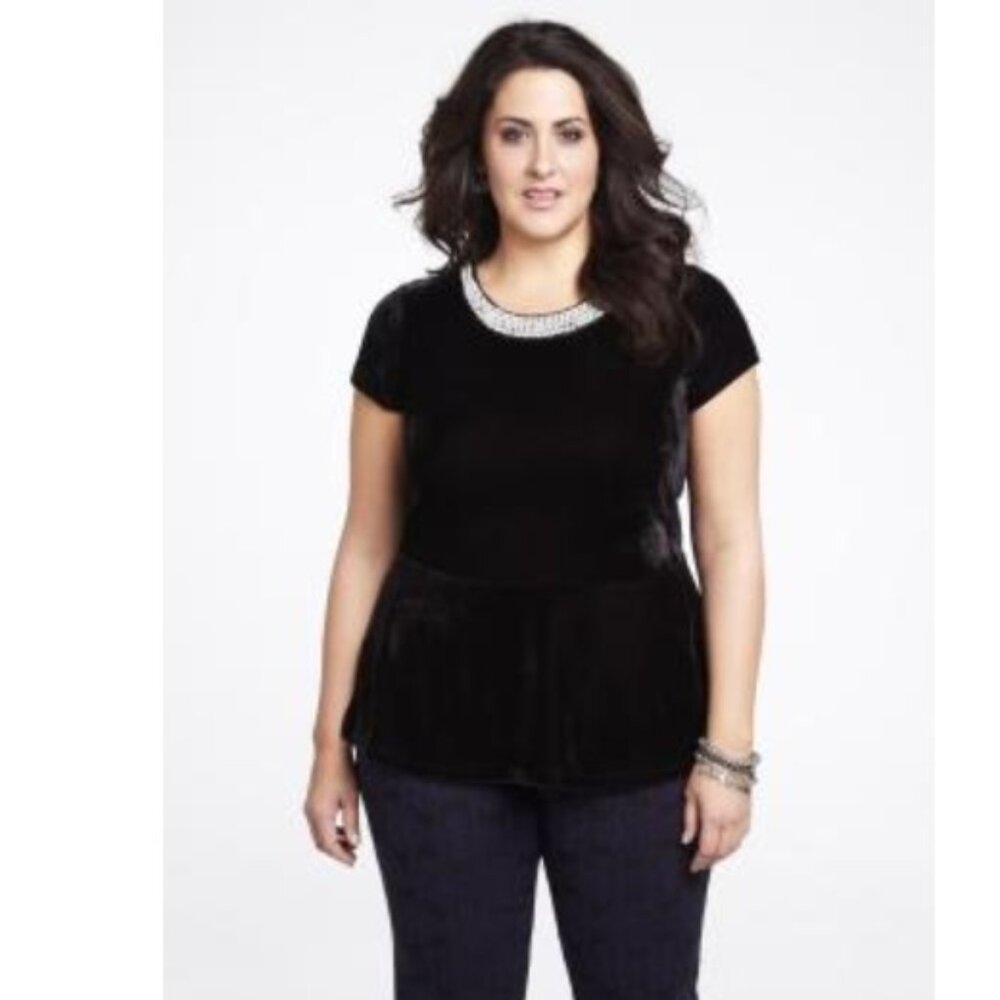 NEW MKM Velvet Embellished Peplum Top Size 1X Black
